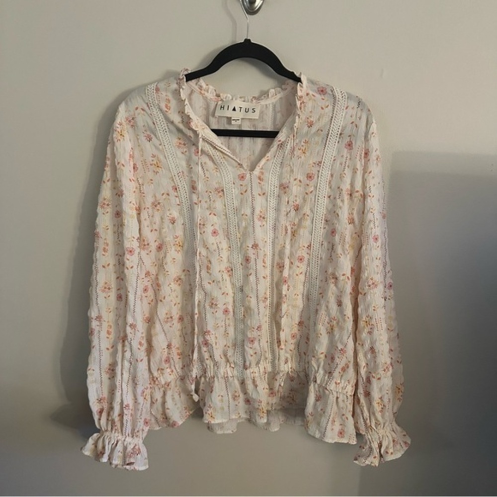 Hiatus 2X White Pink Floral Boho Cream Long Sleeve Embroidered Blouse